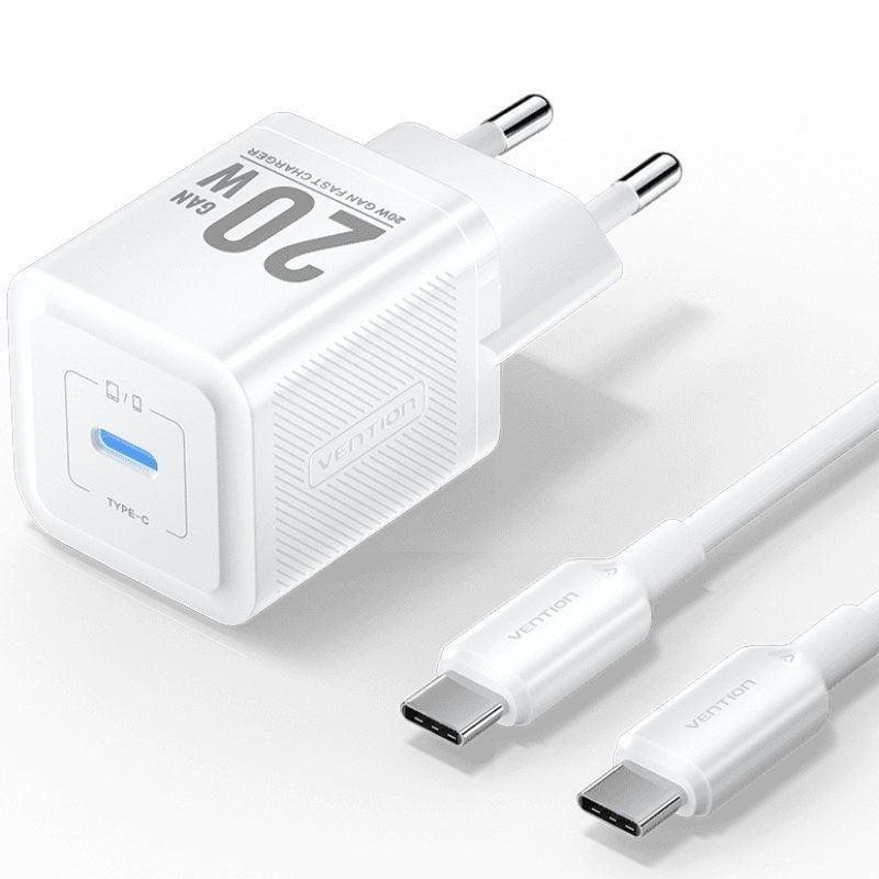 CARGADOR DE PARED VENTION GAN USB-C 20W WHITE + CABLE UCB-C 1M WHITE